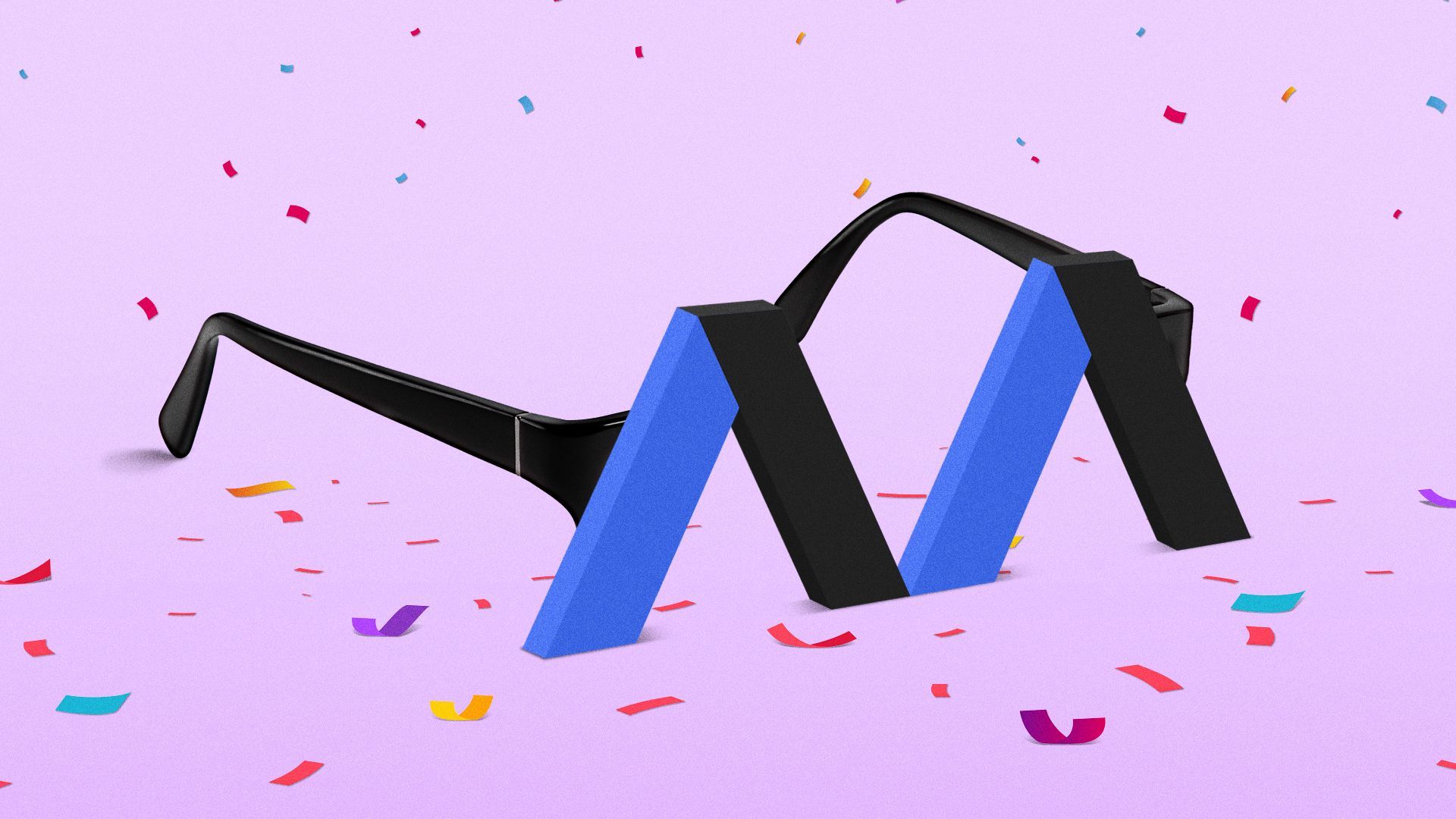 Illustration of NYE glasses, but the lenses are Axios logos.