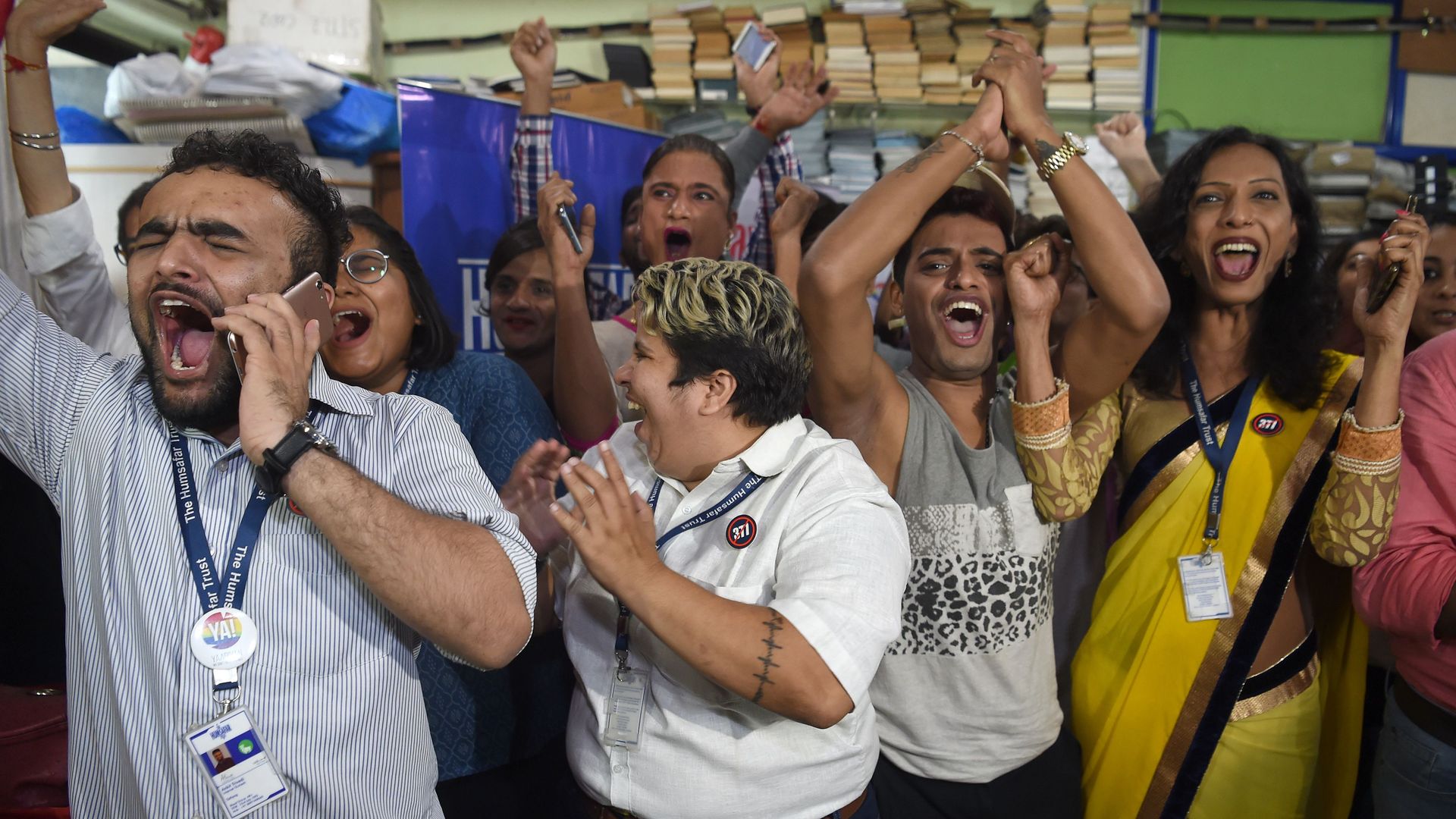 People cheer together.