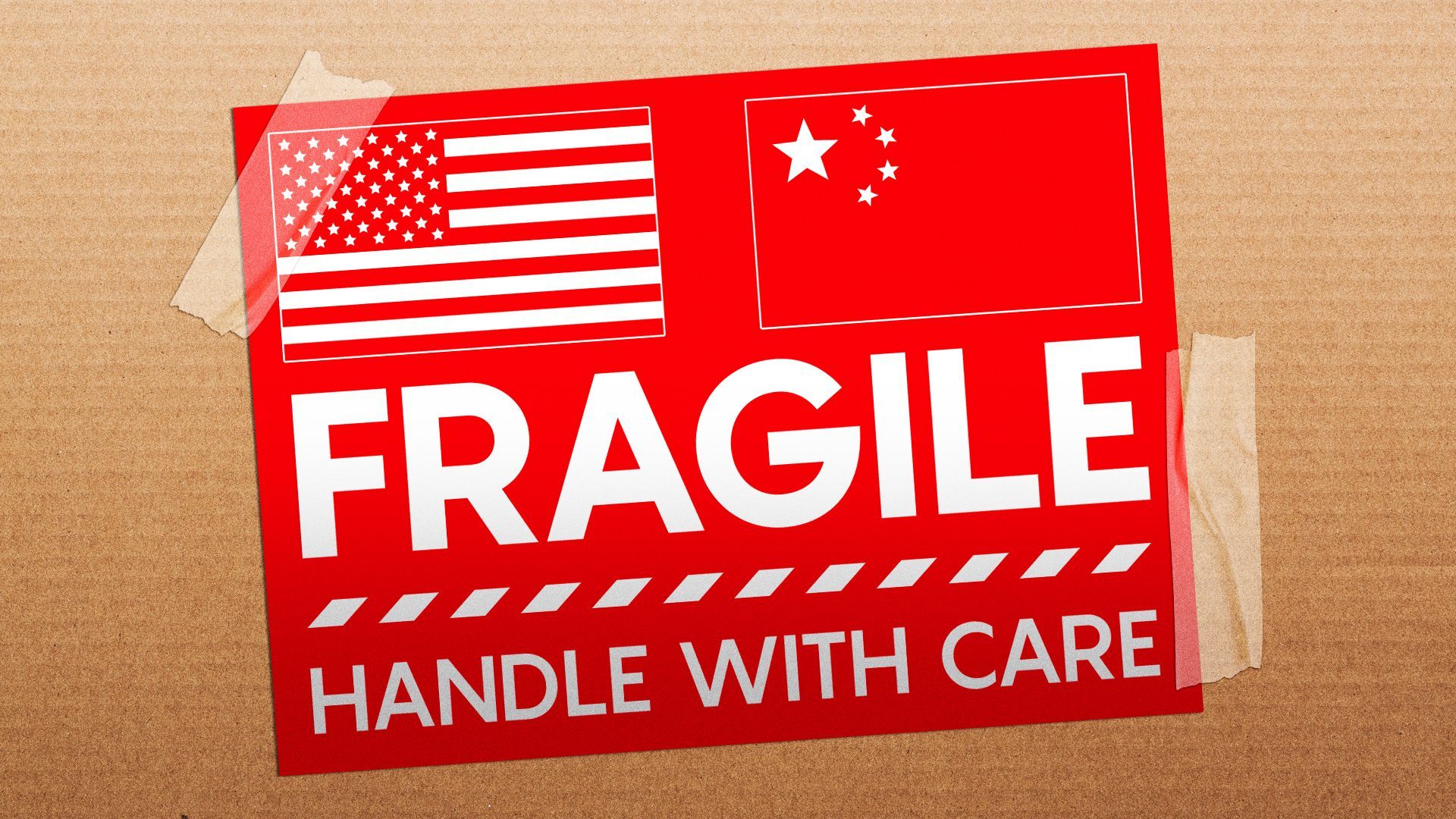 Illustration of a "fragile" sticker on a cardboard box showing the US and China flags. 