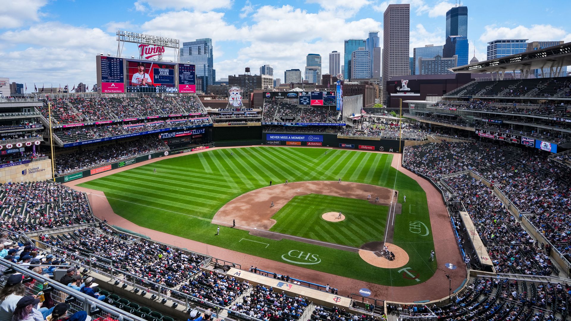 A photo of Target Field looking toward downtown 
