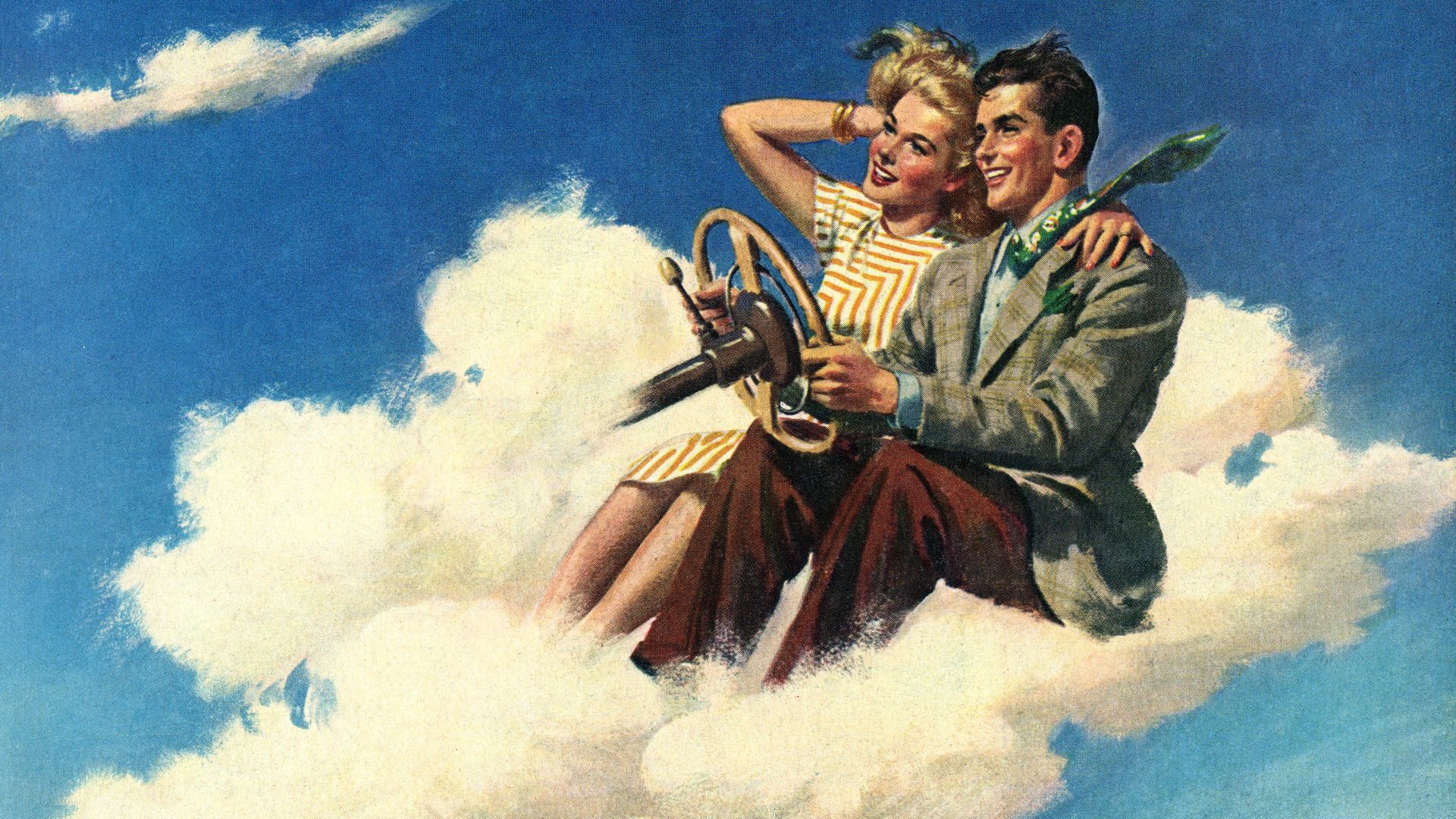 Illustration of a happy young couple driving a car made of clouds, 1950s.