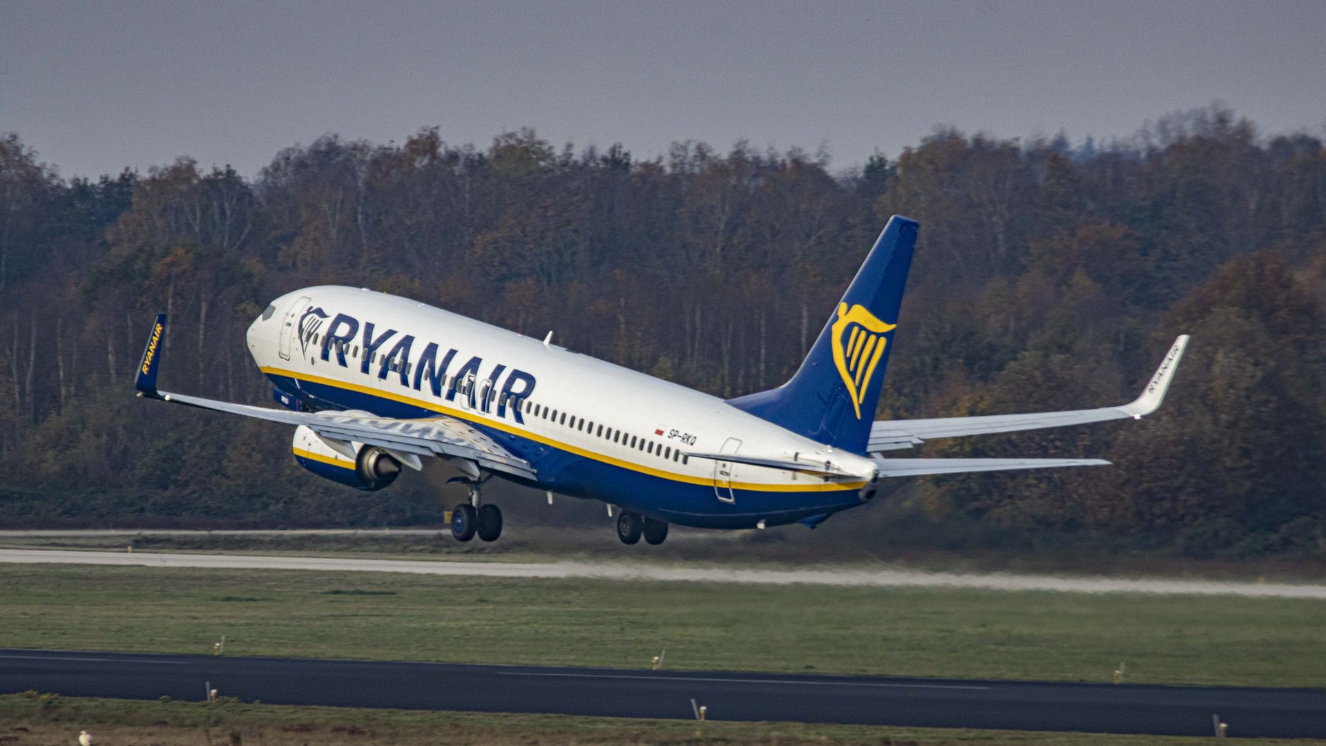 Ryanair low cost airline Boeing 737-800 aircraft as seen over the runway 