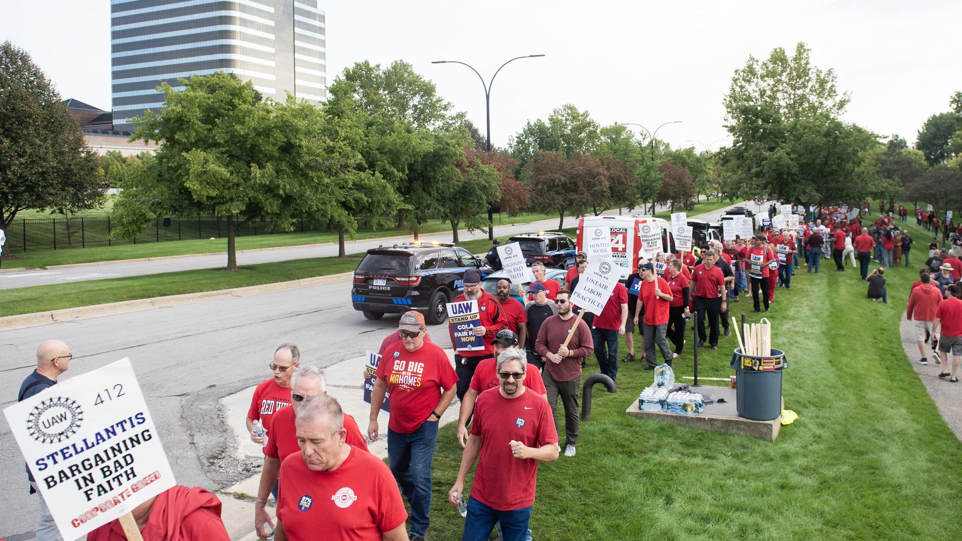 UAW members hold a practice picket at Stellantis headquarters in Auburn Hills, Michigan on September 20, 2023.