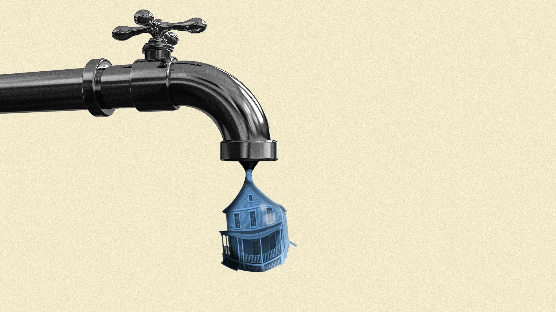 Illustration of a leaky faucet with a drop of water in the shape of a house