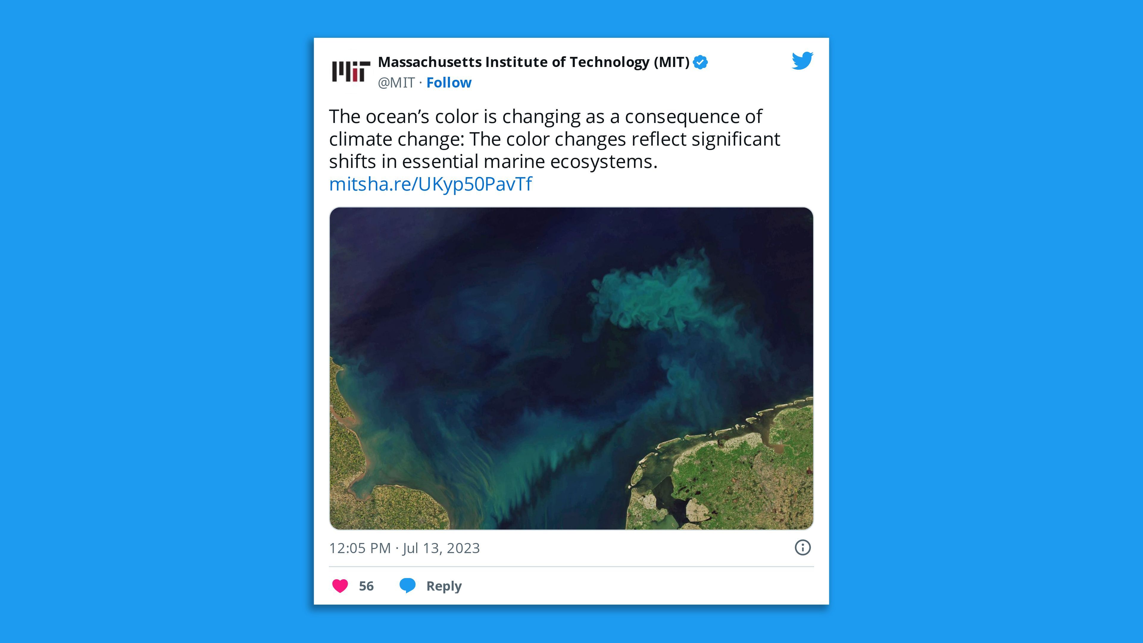 A screenshot of an MIT tweet saying: "The ocean’s color is changing as a consequence of climate change: The color changes reflect significant shifts in essential marine ecosystems."