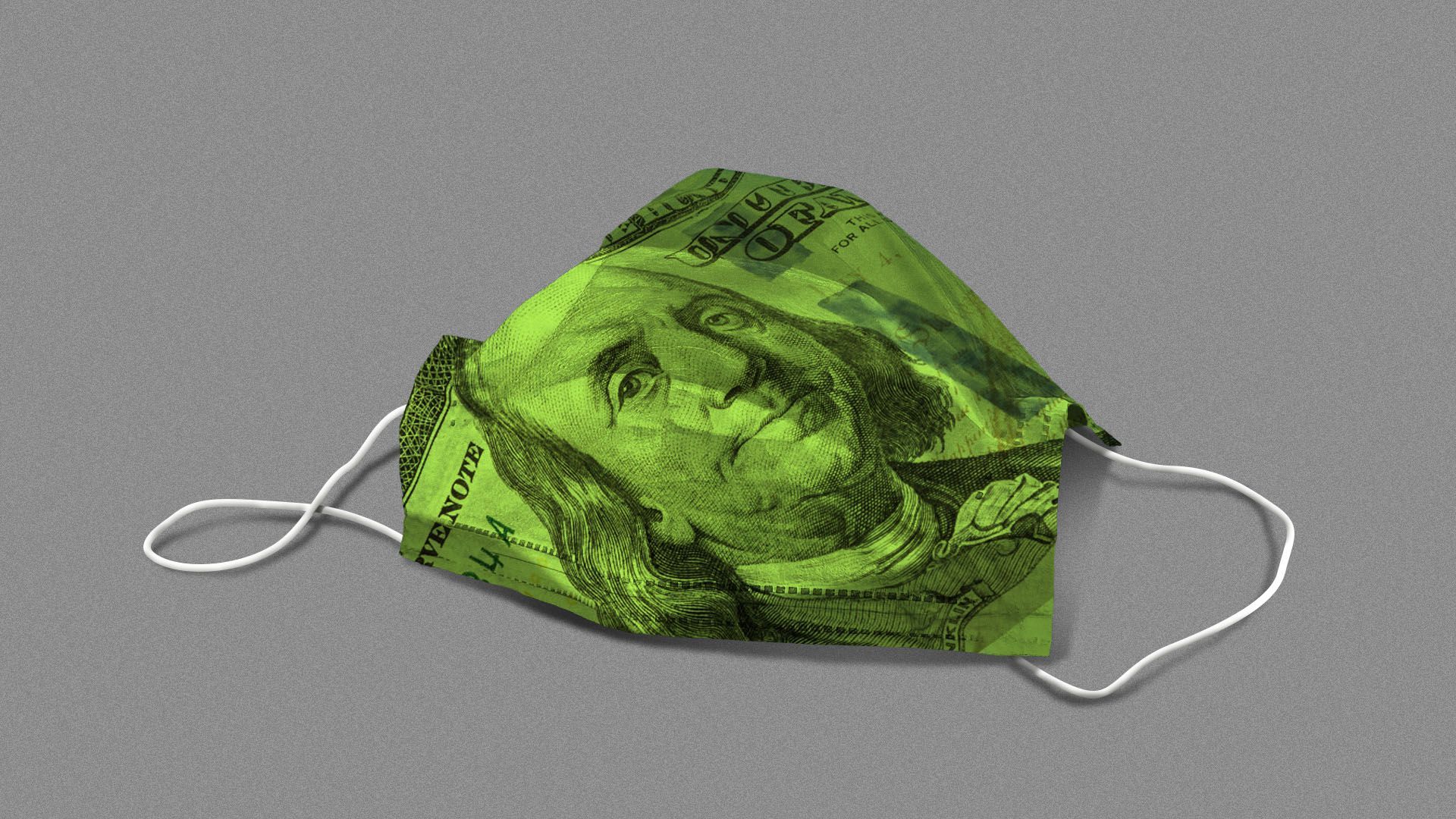Illustration of a medical mask with a hundred dollar bill on it crumpled on the ground