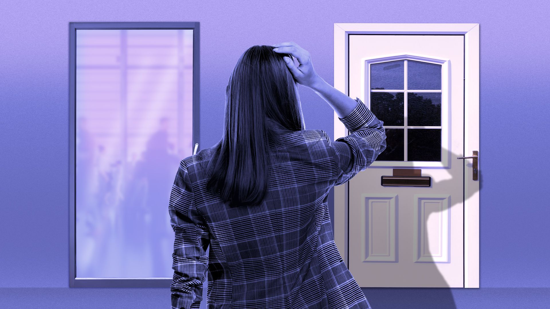 Illustration of a woman facing an office door and a front door to a house