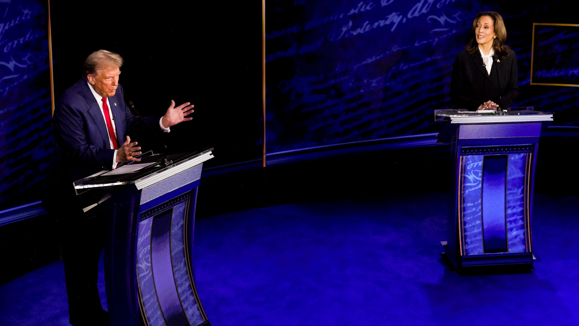 US Vice President Kamala Harris, right, and former US President Donald Trump during the second presidential debate at the Pennsylvania Convention Center in Philadelphia, Pennsylvania, US, on Tuesday, Sept. 10, 2024. Democrat Kamala Harris opened her presidential debate with Republican Donald Trump b
