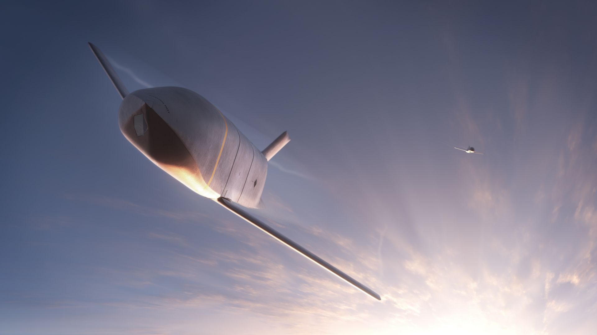 Low-angle view of a white missile with a rounded nose and tail fins cruising through the blue sky at sunset.