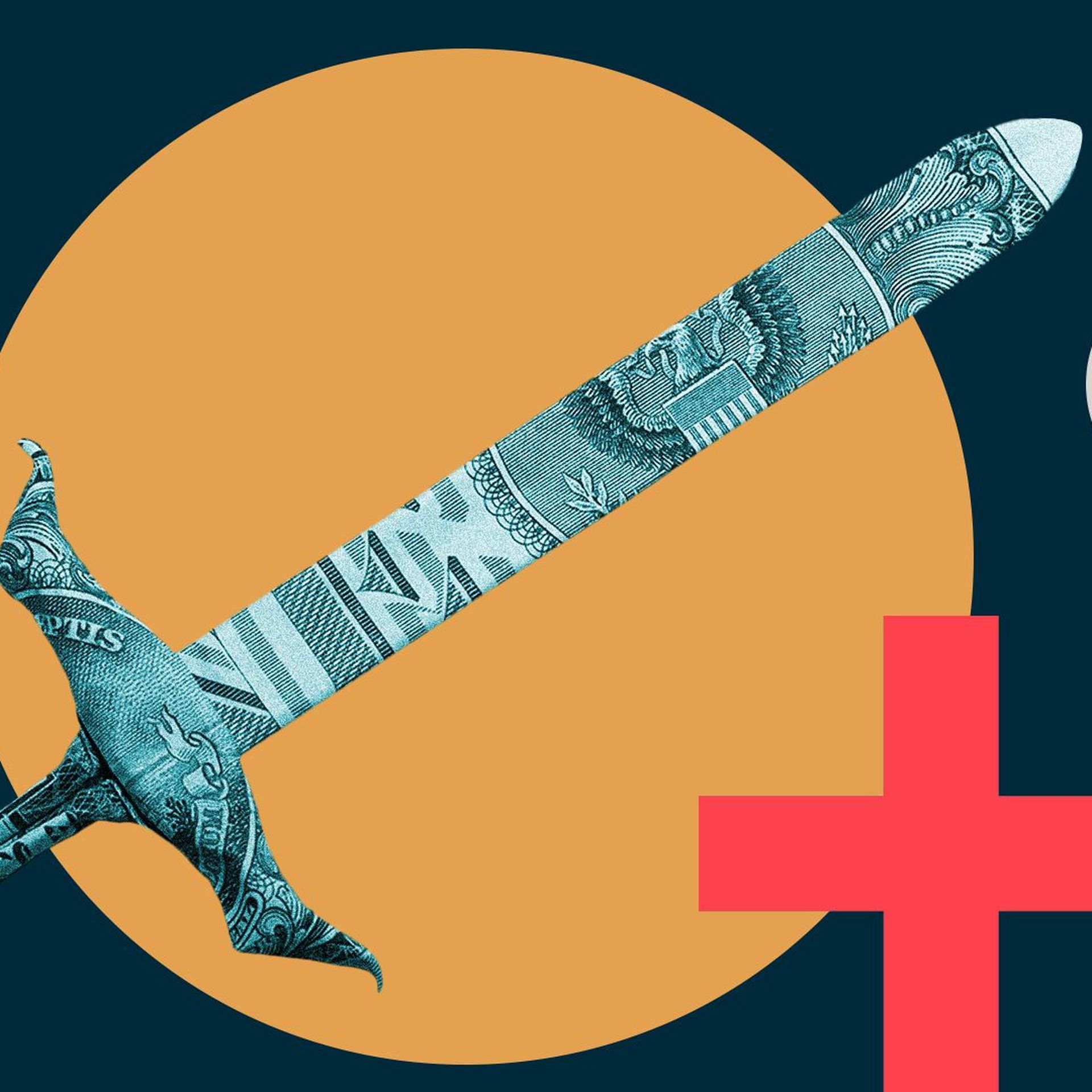 Illustration of a sword made from a dollar bill with medical cross and other shapes behind it