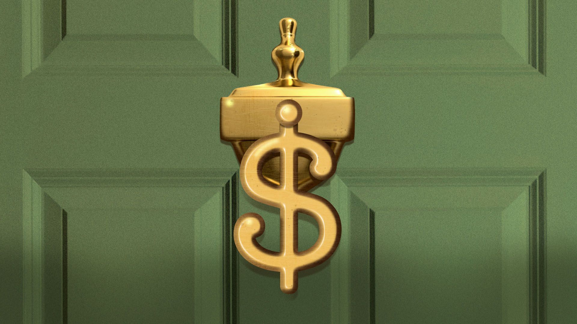 Illustration of a green front door with a golden money sign-shaped ornament.