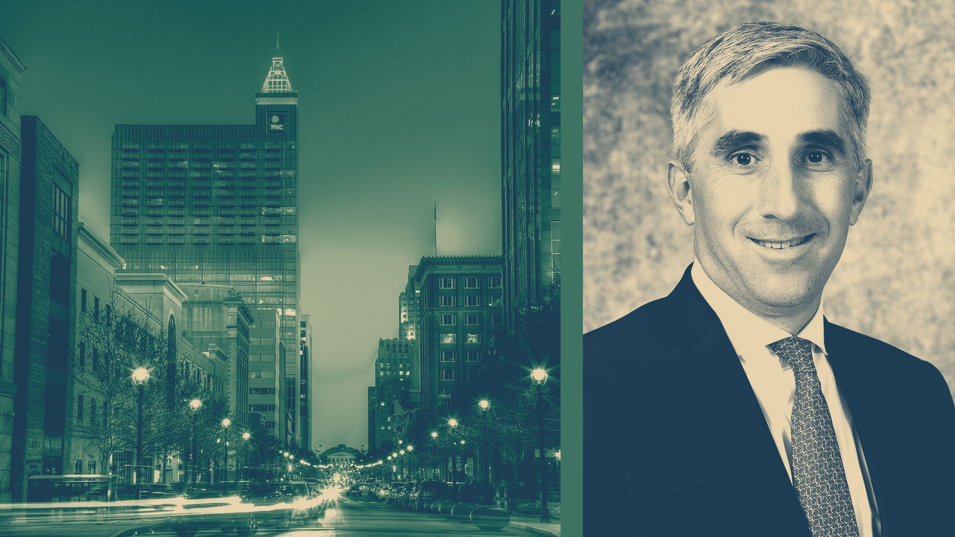 Photo illustration of Jim Hansen with a photo of the PNC Bank building in downtown Raleigh.