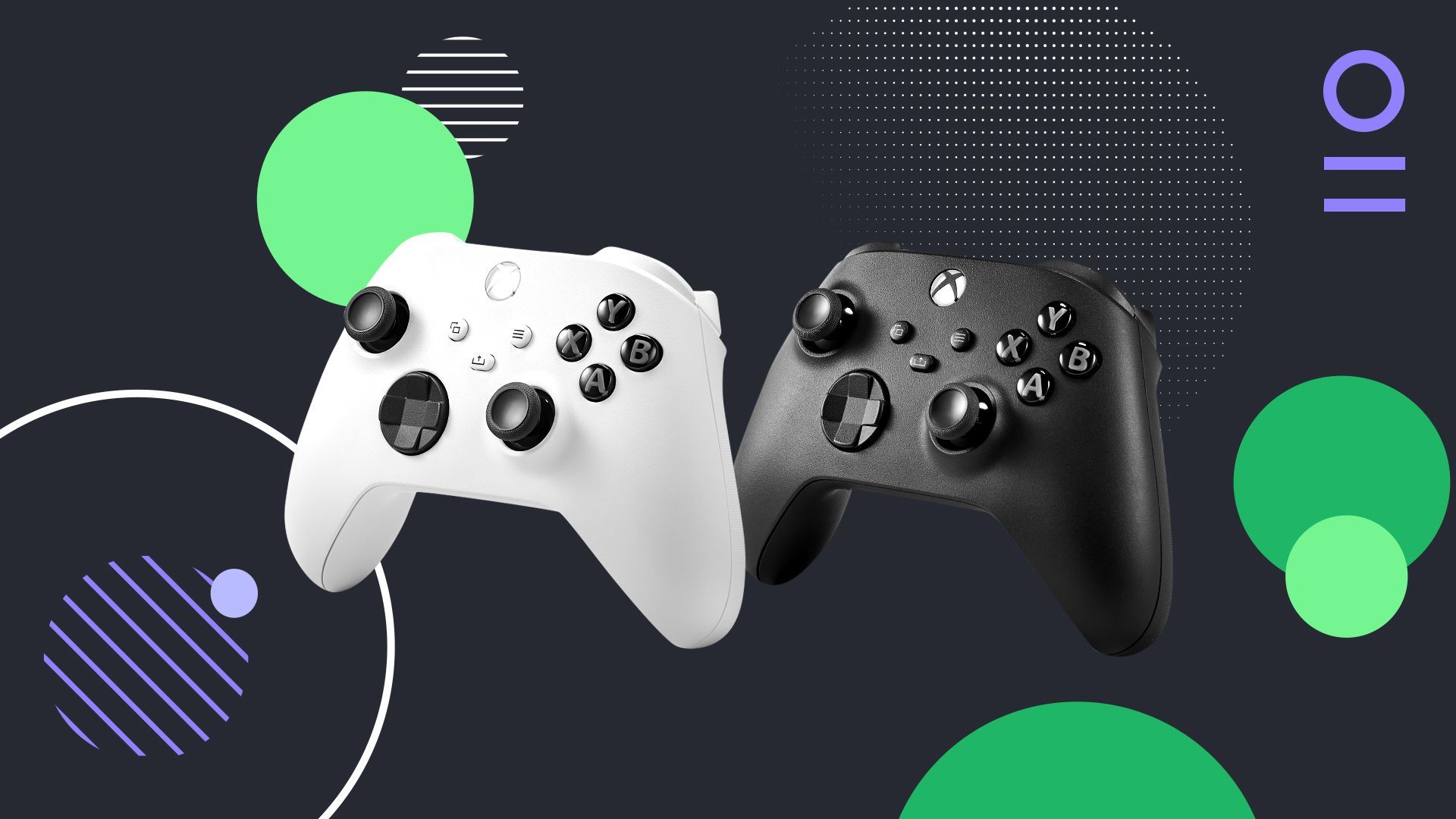 Photo illustration of Xbox controllers and abstract shapes.