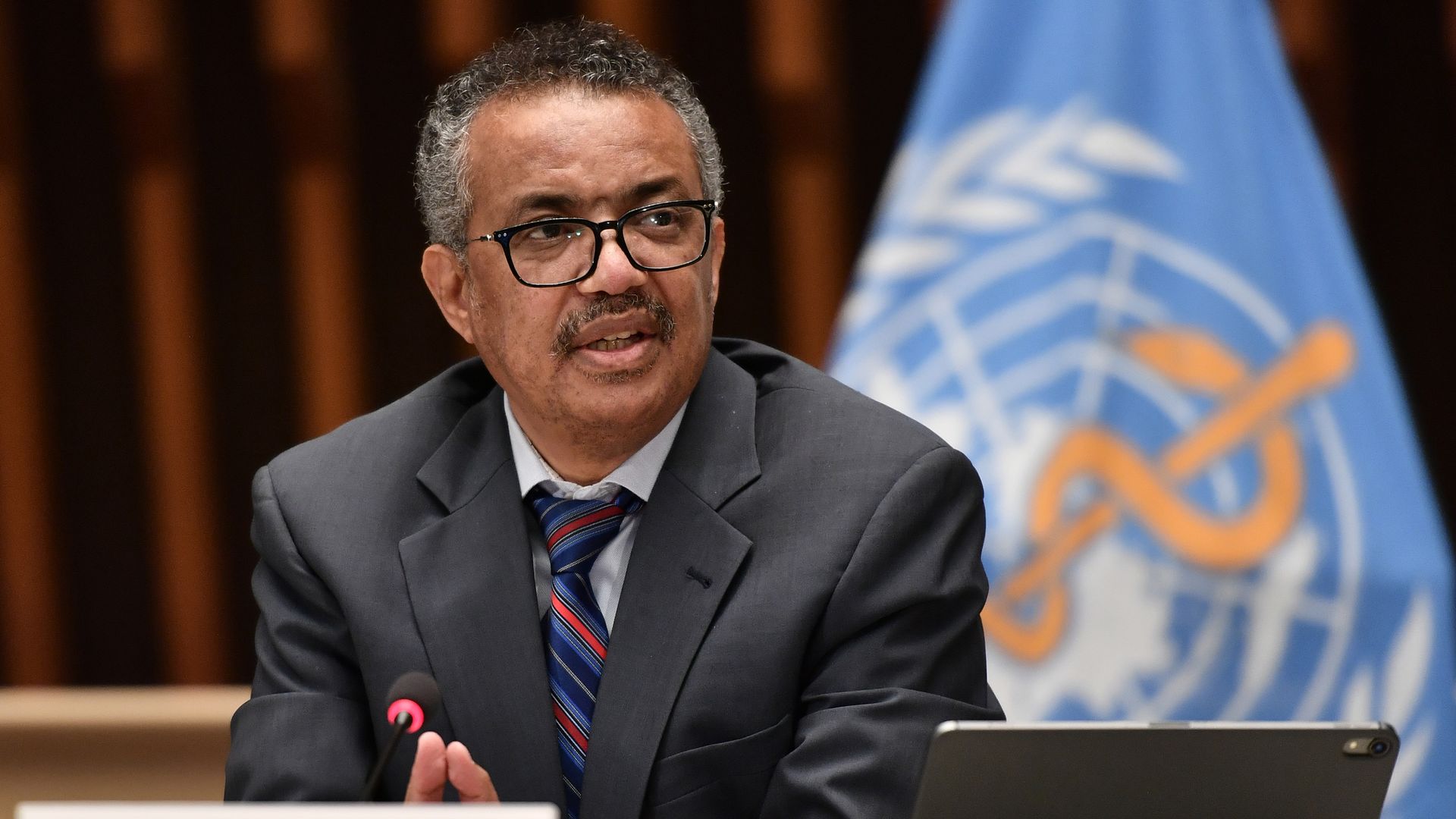 World Health Organization (WHO) Director-General Tedros Adhanom Ghebreyesus attends a press conference amid the COVID-19 outbreak at the WHO headquarters in Geneva.