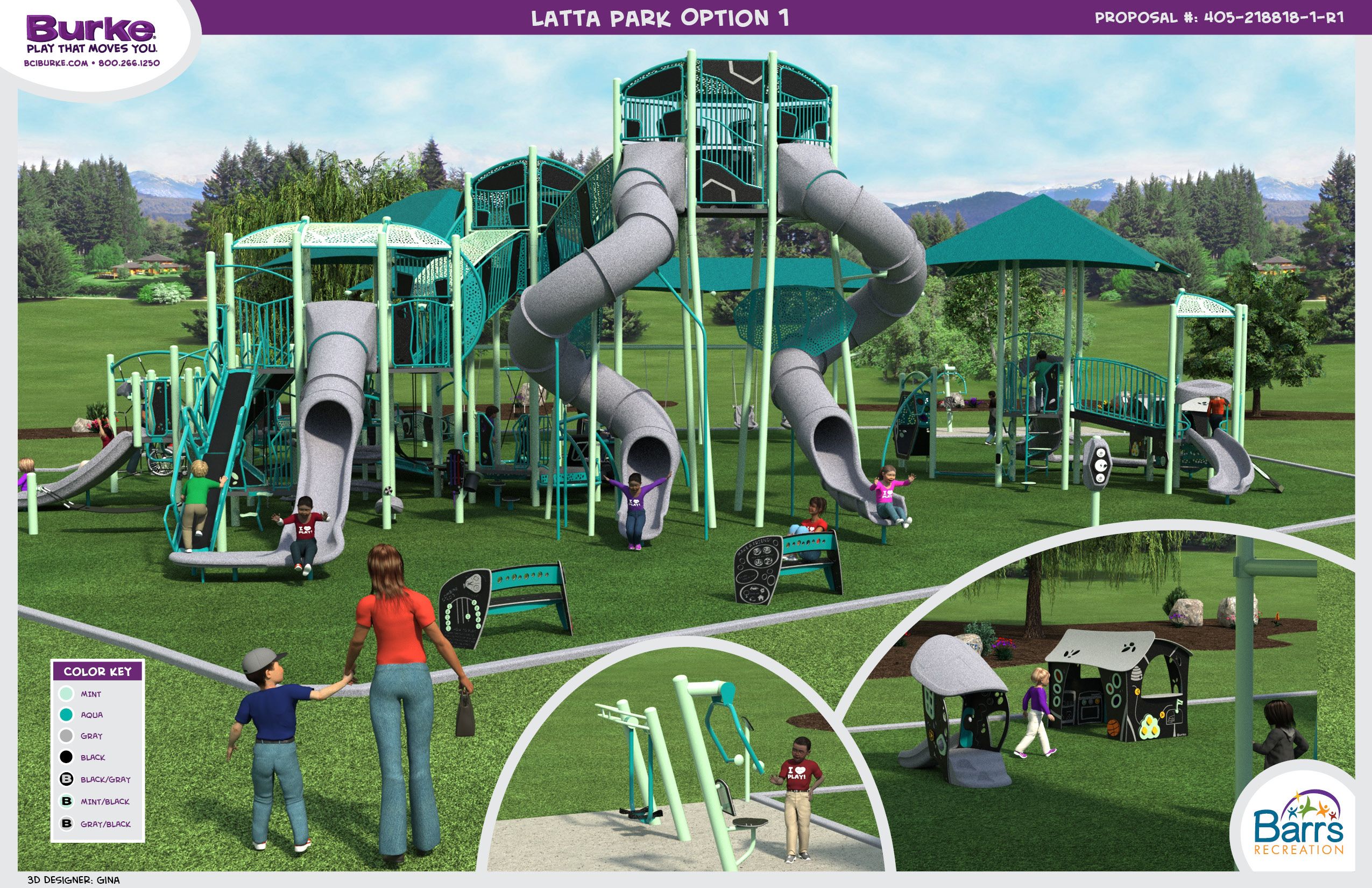 Wide view of a teal and gray multi-level playground with twisting tube slides, climbing ladders, and kids playing on a grassy field; trees, hills, and a blue sky in the background.