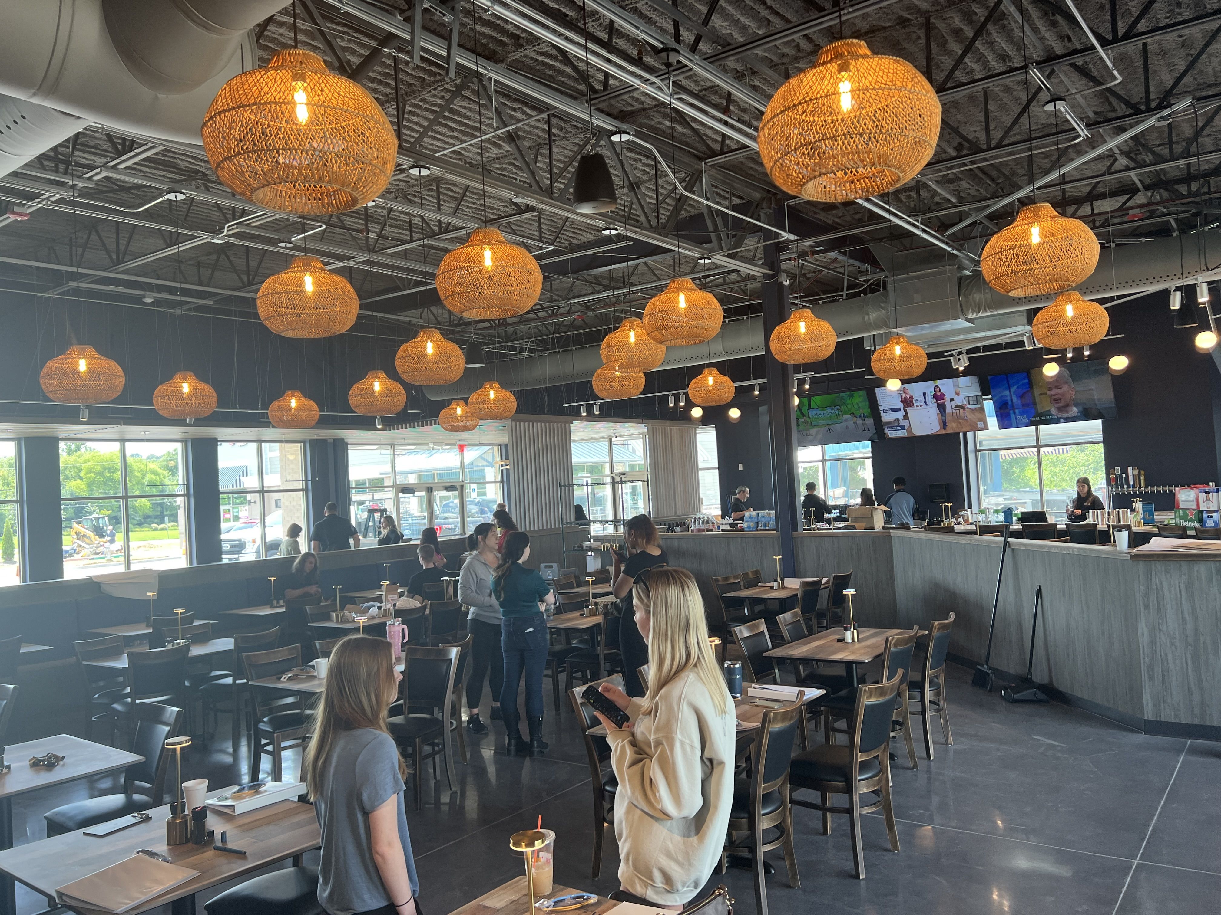 A dining room with cool lights 