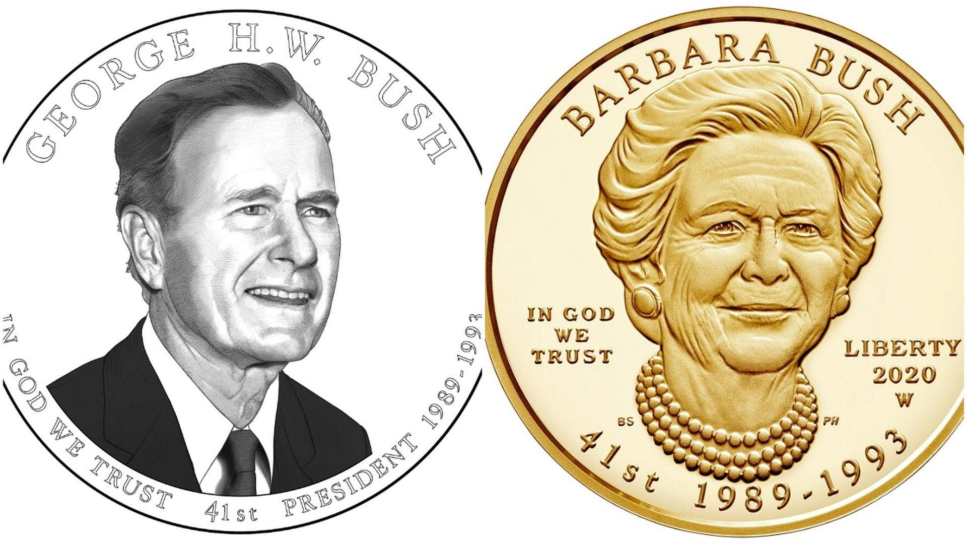 The designs for the George H.W. Bush Presidential $1 Coin and the Barbara Bush First Spouse Gold Coin.