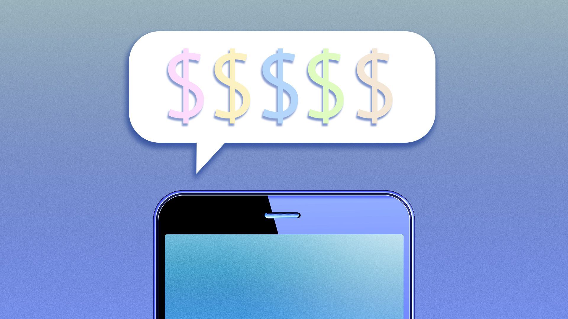 Illustration of a cellphone with a word bubble featuring five dollar signs in it