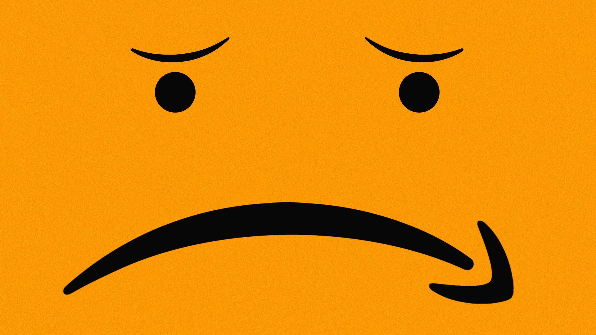 Illustration of a frowny face with an upside down Amazon arrow as the mouth.