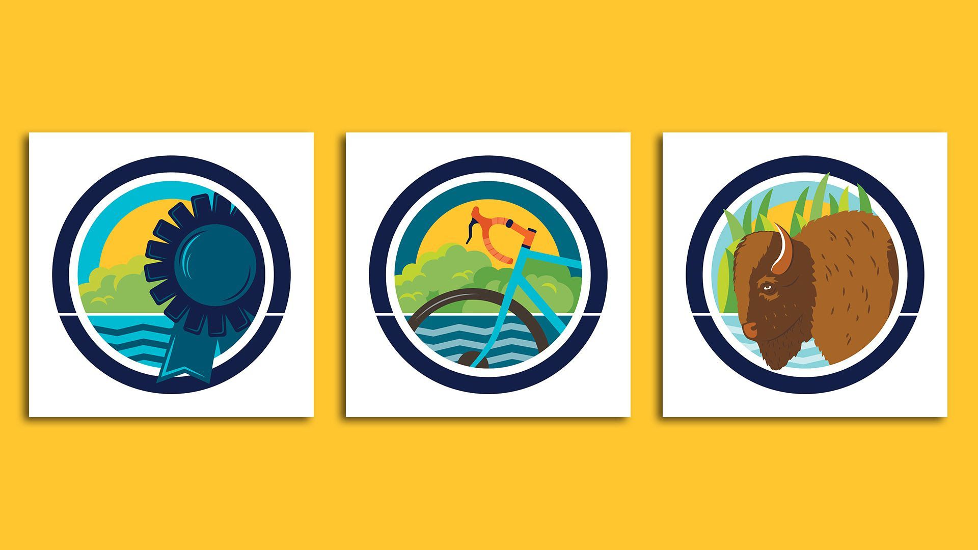 Three of Des Moines' new recreational signs, with graphic designs of a blue ribbon, a bicycle and a buffalo.