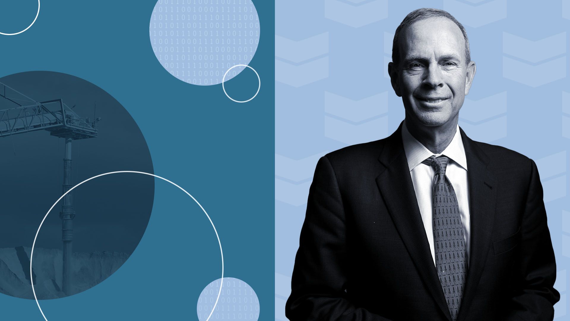 a photo of chevron ceo mike wirth surrounded by various circles, the chevron logo, a photo of lithium mining, and a photo of binary code