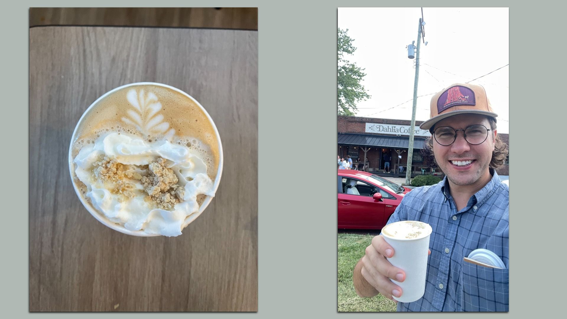 Side by side images of a latte on a wooden table / man in blue short sleeve button down holding latte in white disposable cup outside "Dahlia Coffee"