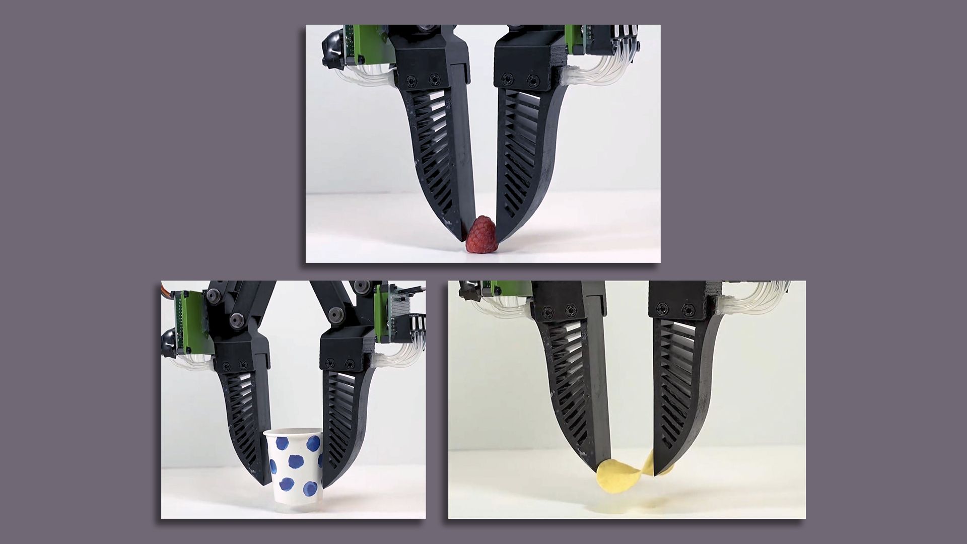 Collage of a robotic gripper with black ribbed jaws pinching objects: raspberry at the top, a blue-dotted paper cup bottom left, and a yellow blob bottom right, on a purple background.