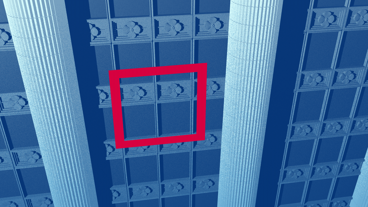 Illustration of a check mark being drawn in front of the Chicago City Hall facade in the colors of the city flag