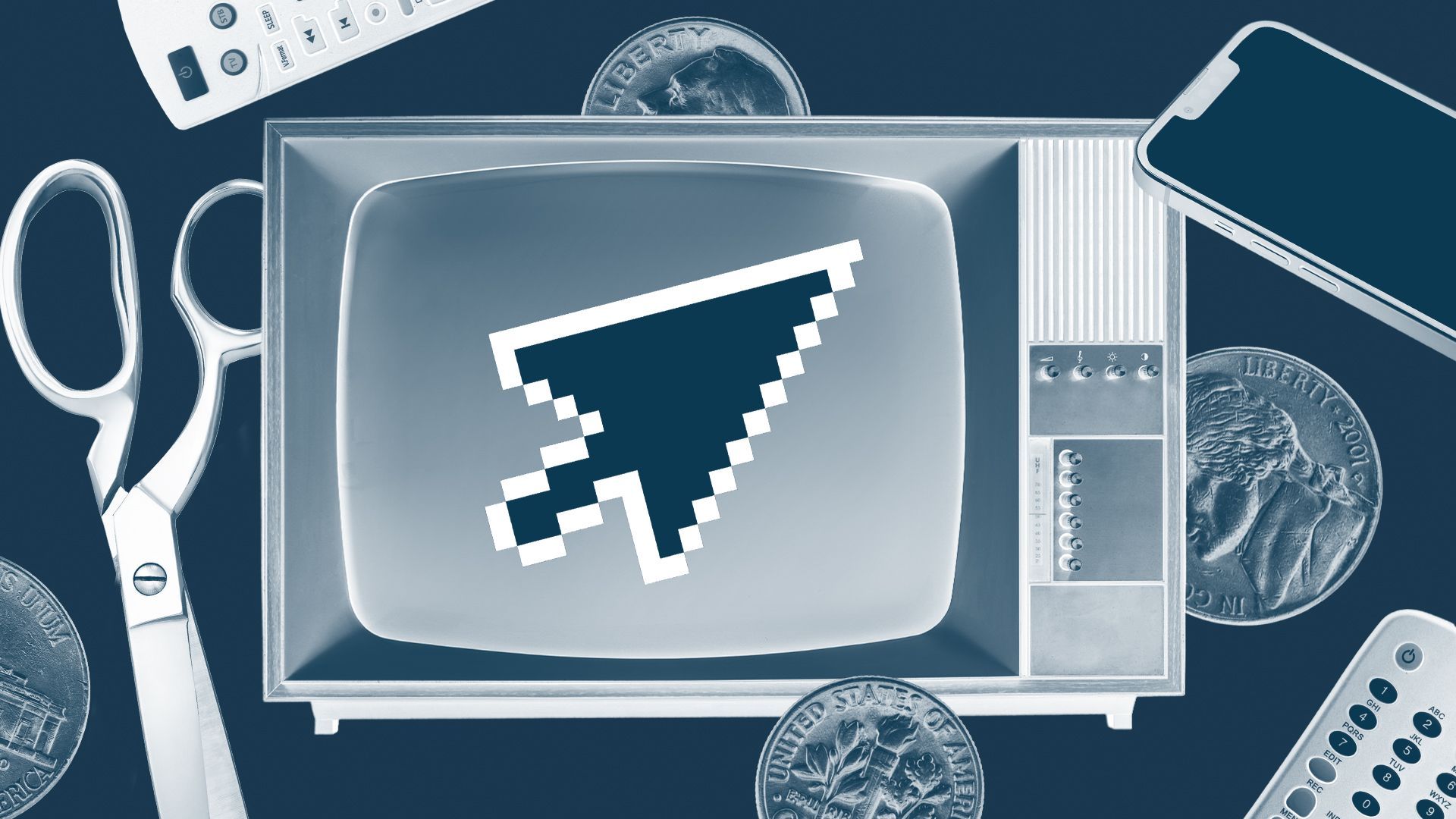 Illustration of a TV with a cursor on the screen surrounded by dimes, nickels, a phone, scissors and remotes