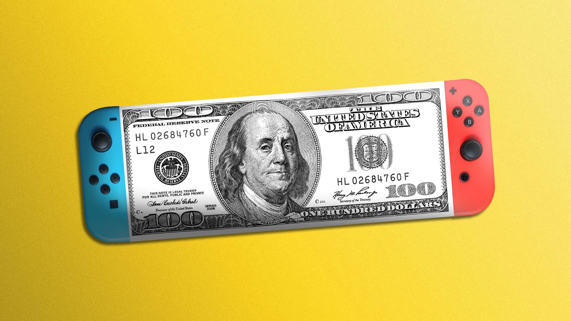 Illustration of a Nintendo Switch with a hundred dollar bill as the screen.   