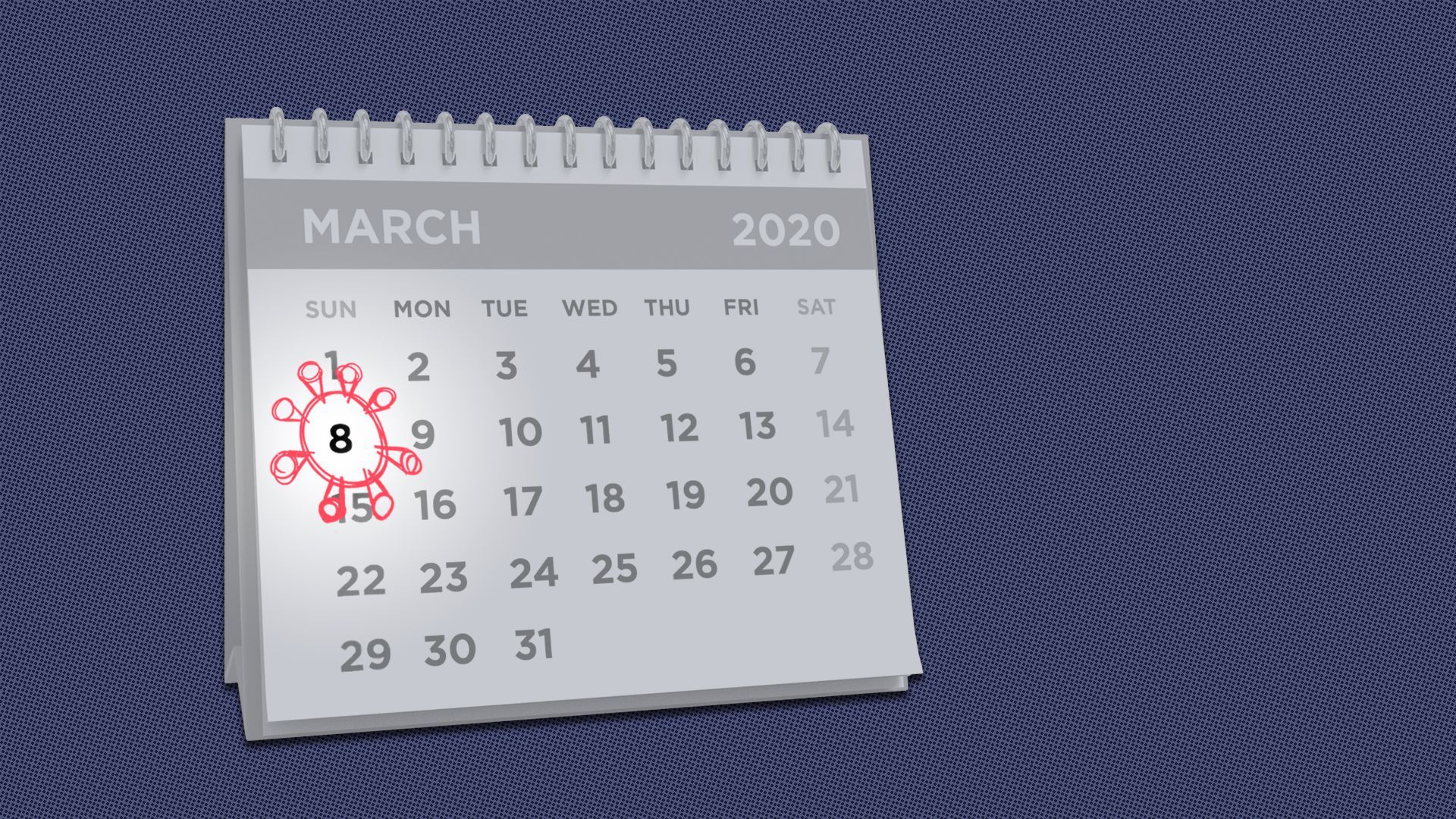 Illustration of a calendar with March 8, 2020, circled with the shape of coronavirus.