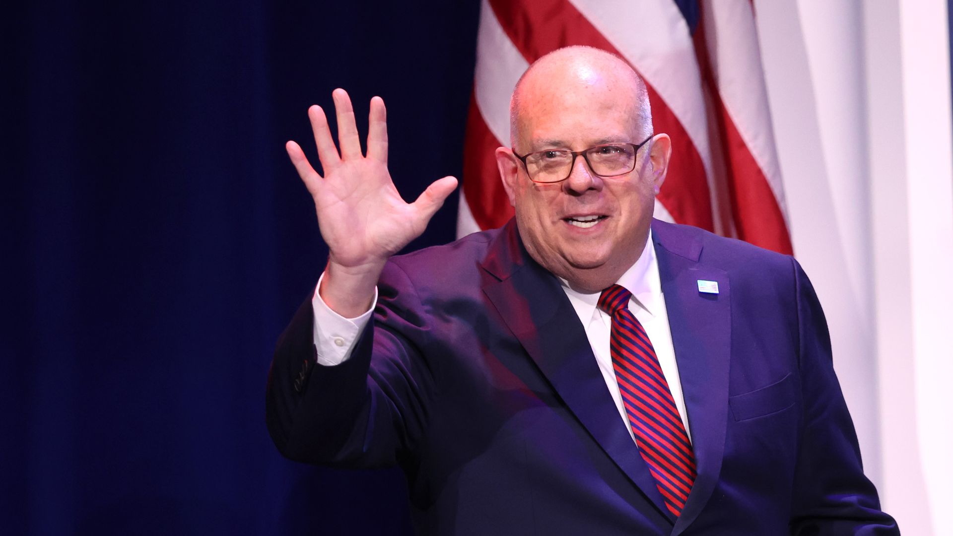 Maryland Governor Larry Hogan speaks to guests at the Republican Jewish Coalition Annual Leadership Meeting on November 18, 2022 in Las Vegas, Nevada.