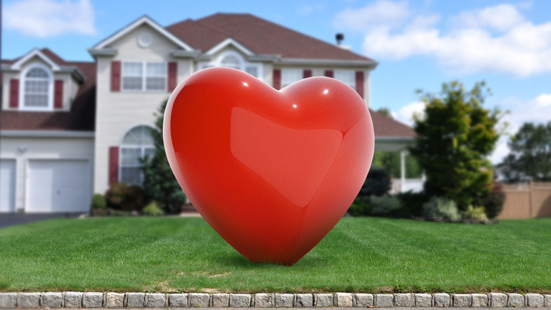 Illustration of a giant heart in a yard in front of a house.