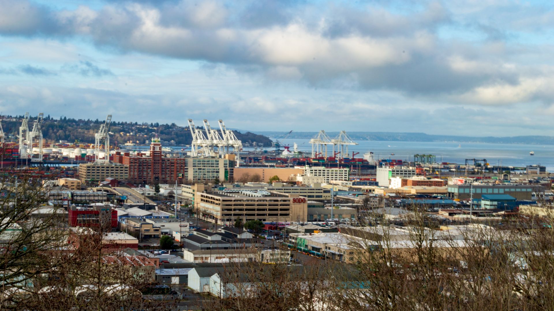 A view of Seattle overlooking the Port of Seattle and the surrounding industrial neighborhood. 