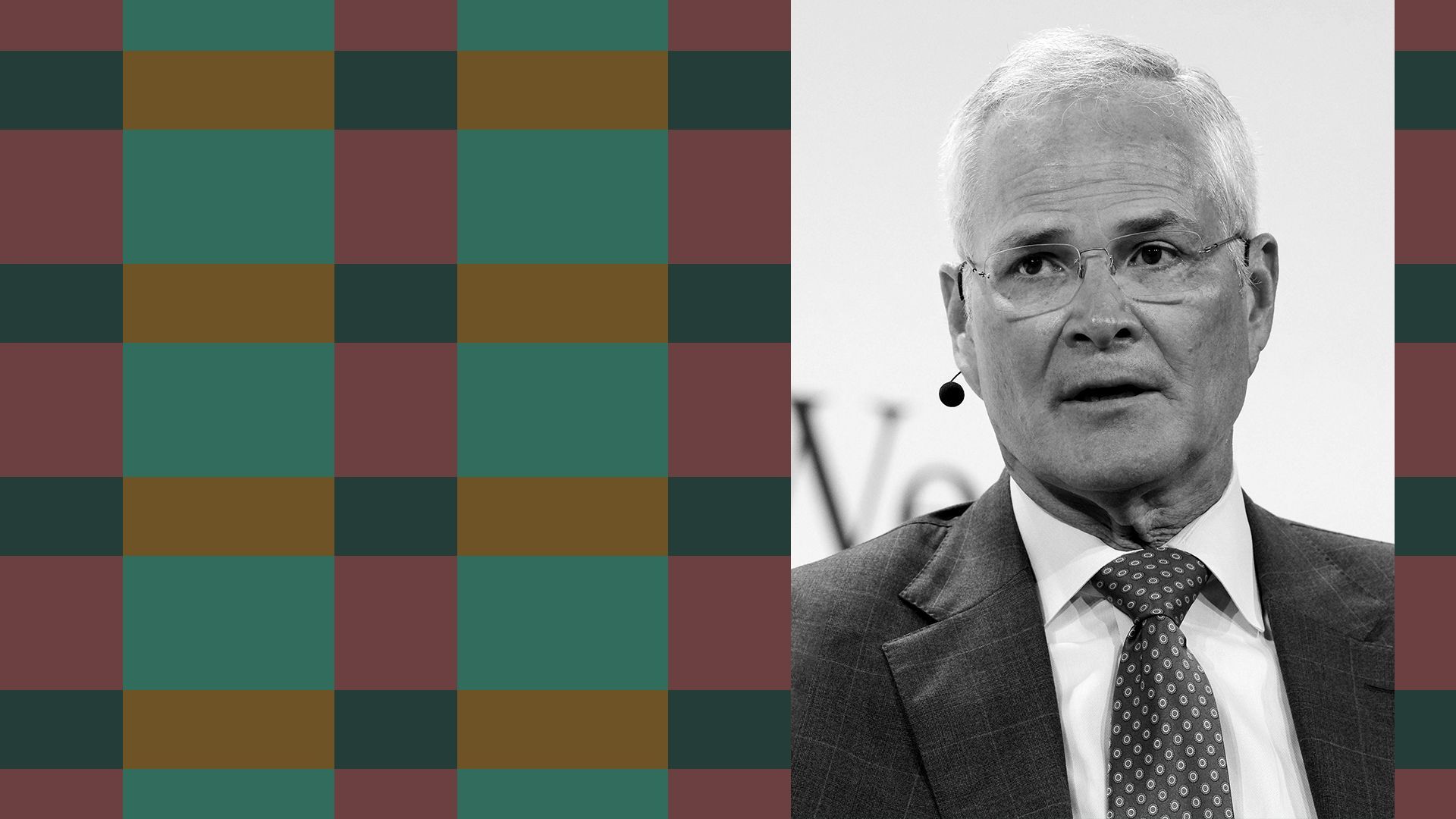 Photo illustration of Exxon CEO, Darren Woods, with abstract shapes.