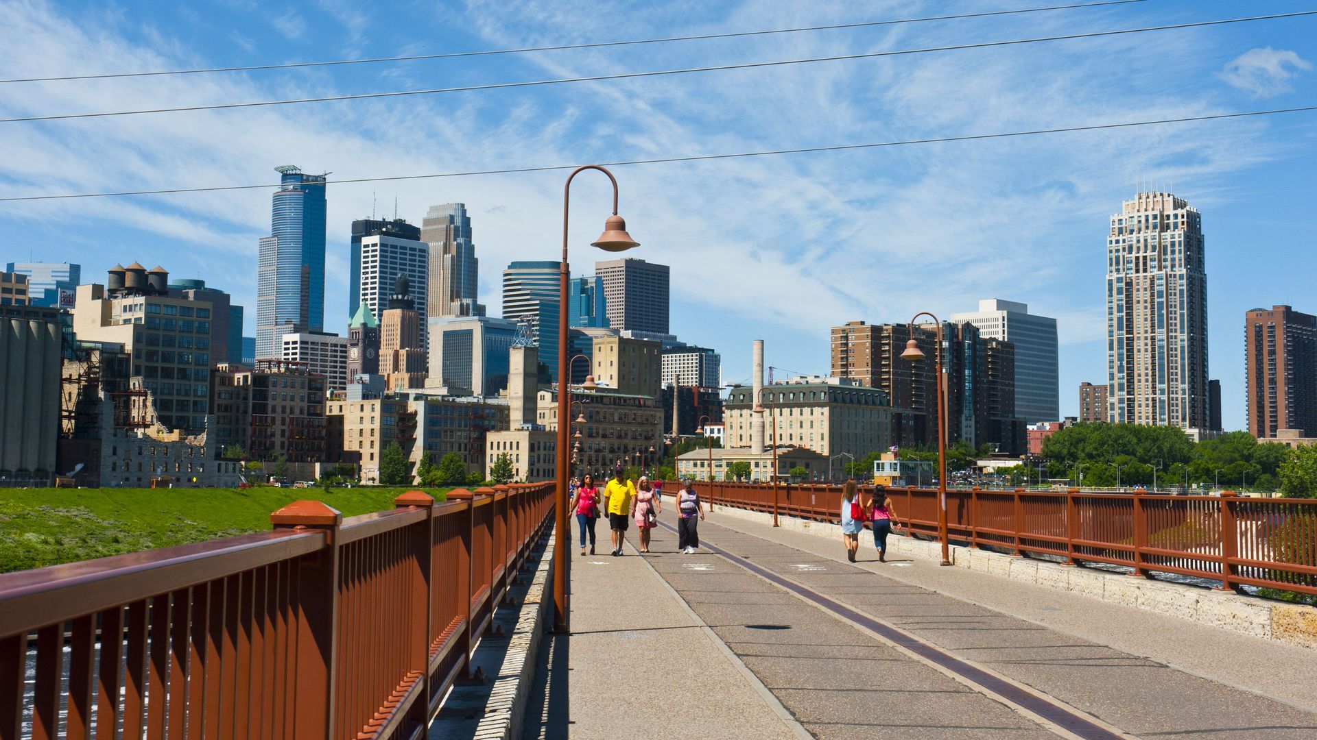 A bridge and the skyline of Minneapolis.