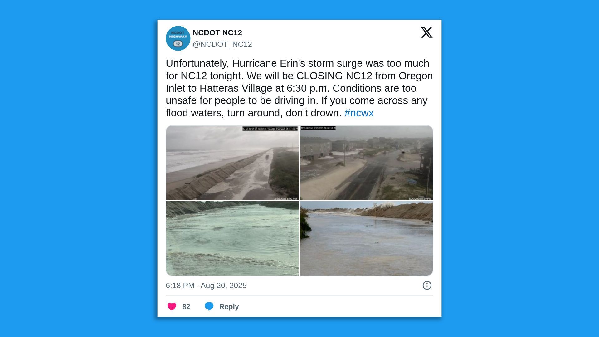 Tweet from NCDOT NC12 announcing closure of NC12 due to Hurricane Erin's storm surge, with four images showing flooded roads and waterlogged areas in cloudy weather.