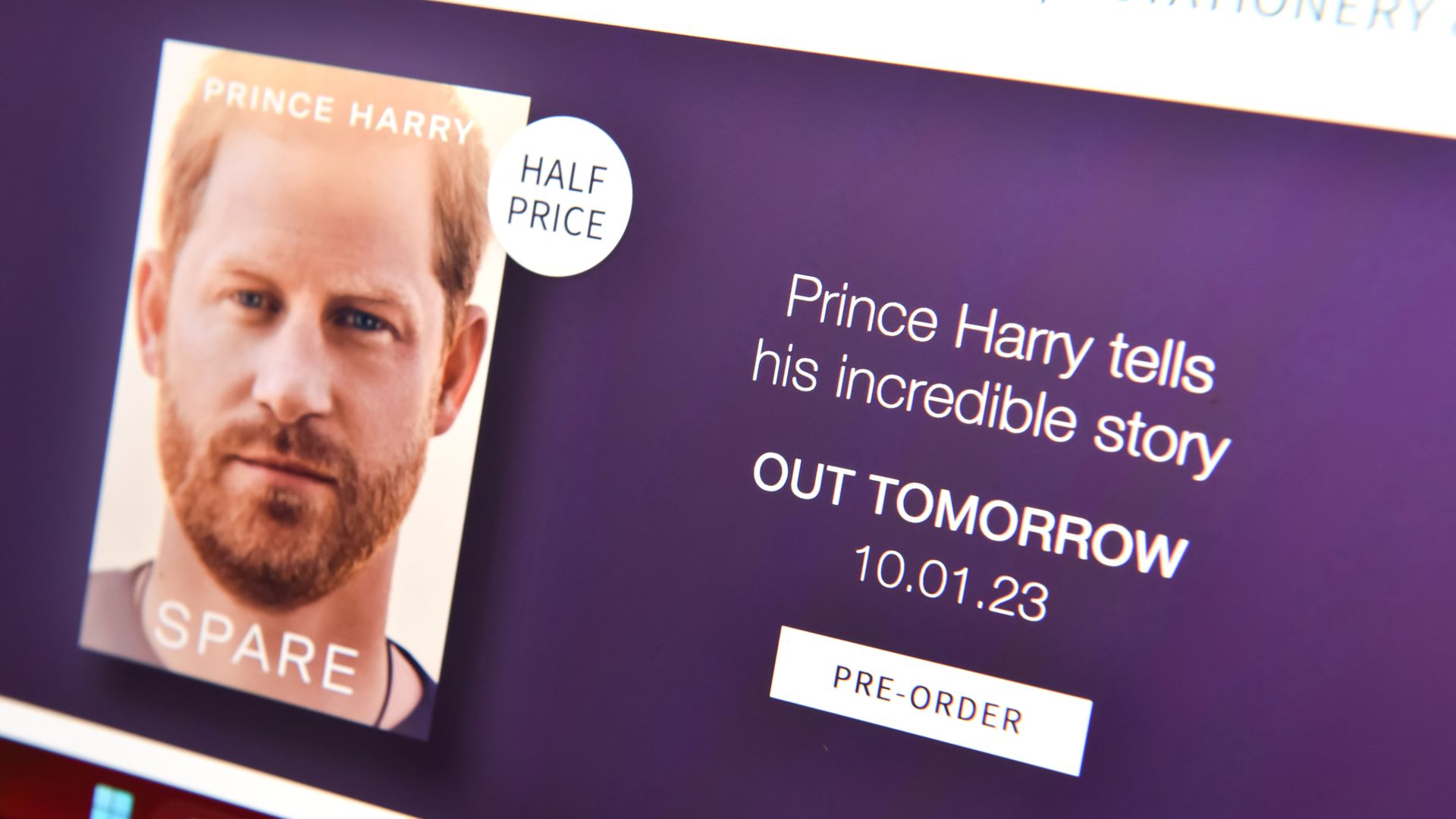 The Waterstones book store website advertises copies of Prince Harry's Memoir 'Spare' half off