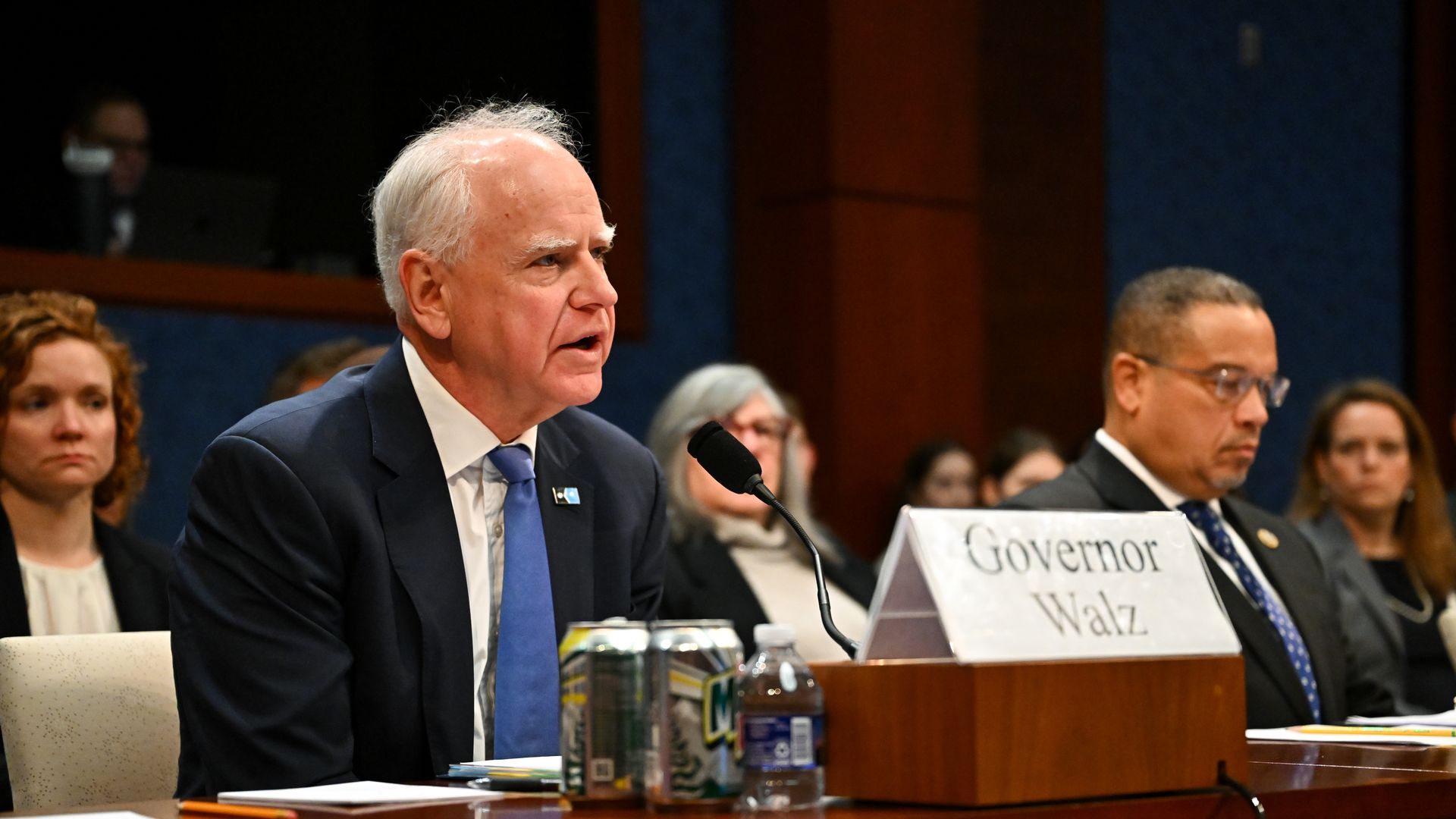 Tim Walz, governor of Minnesota, left, and Keith Ellison, Minnesota attorney general, during a House Oversight and Reform Committee hearing in Washington, DC
