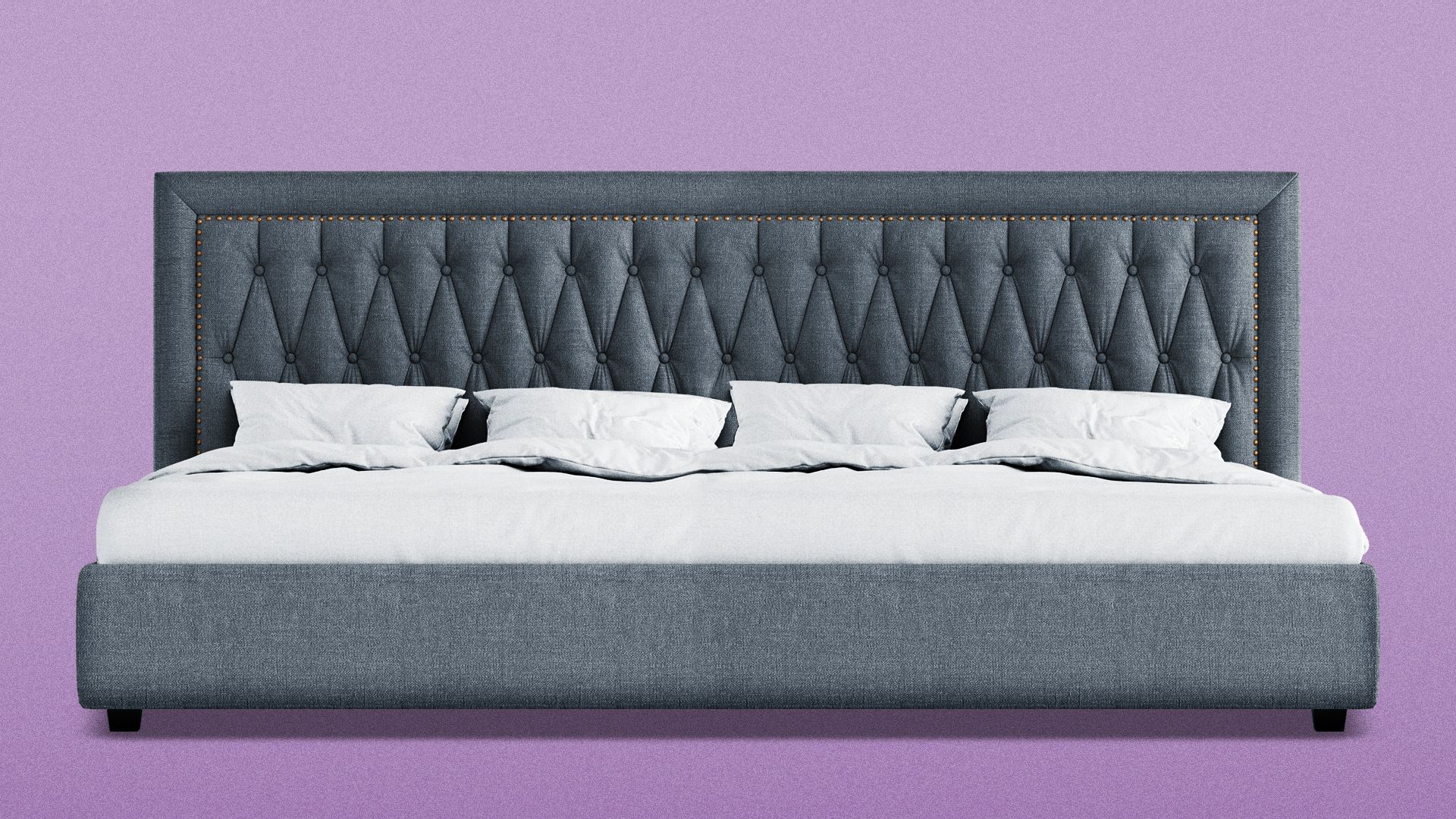Illustration of a very wide bed, with four pillows instead of two.