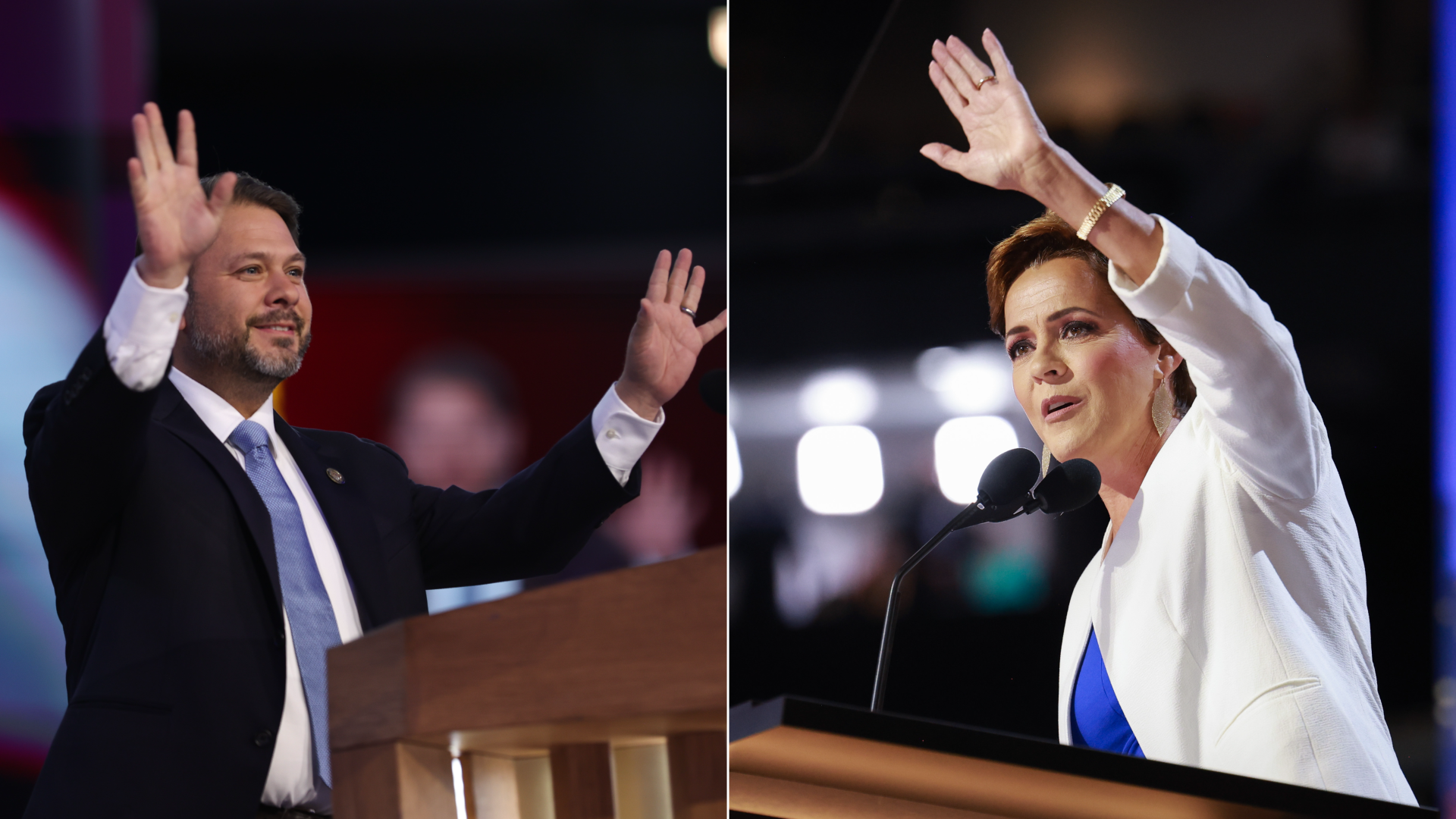 Side by side images of Ruben Gallego and Kari Lake waving.