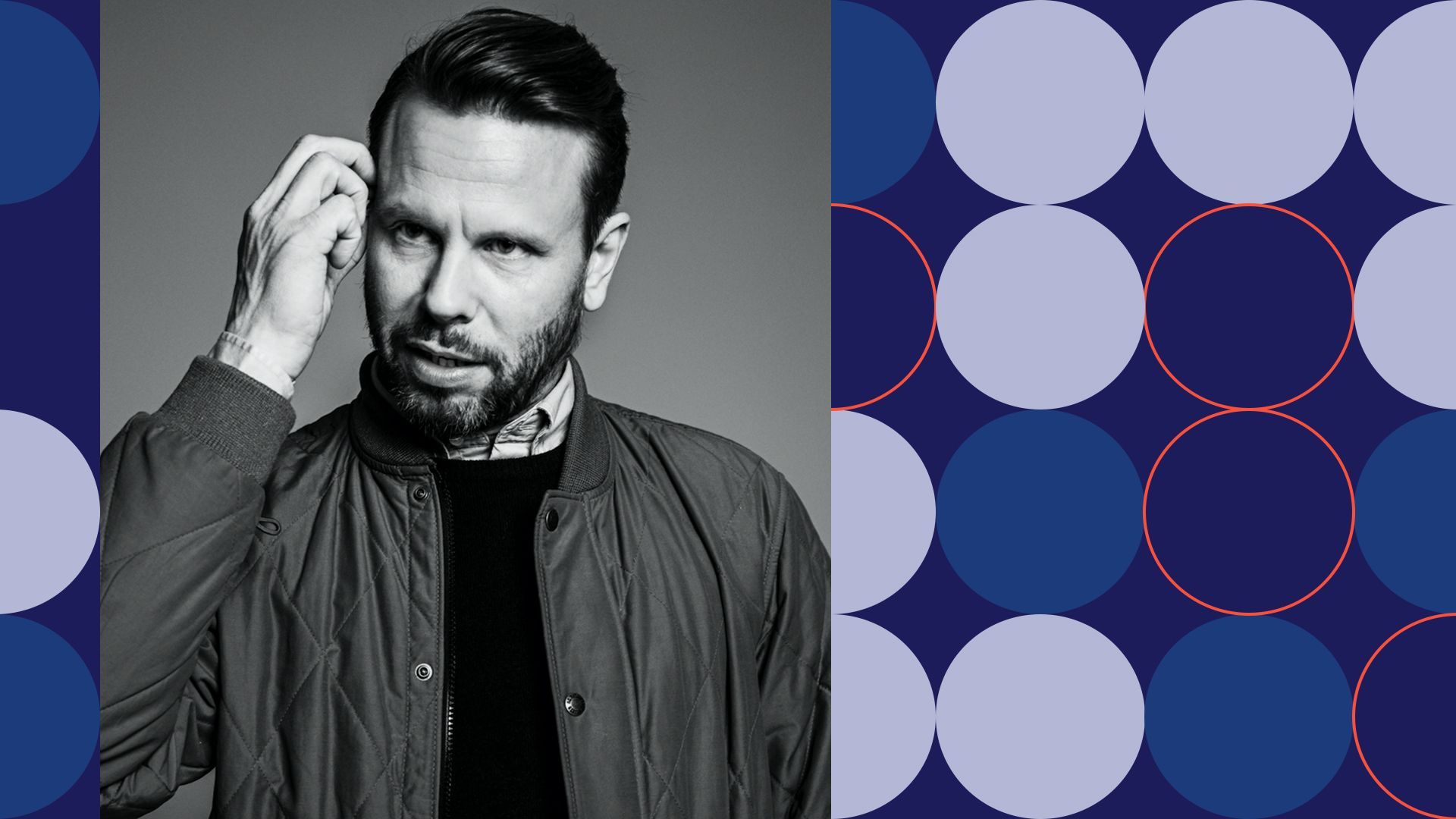 Photo illustration of Karl Rosander surrounded by abstract shapes.