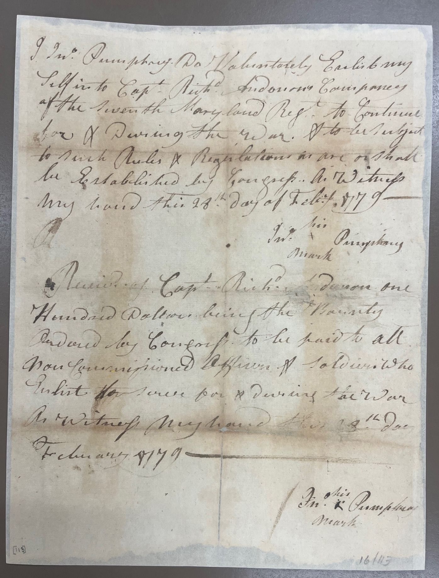 This undated photo provided by the Maryland State Archives on Thursday, July 16, 2026, shows a copy of Pvt. John Pumphrey's re-enlistment contract with the 7th Maryland Regiment, dated Feb. 28, 1779. (Maryland State Archives via AP)