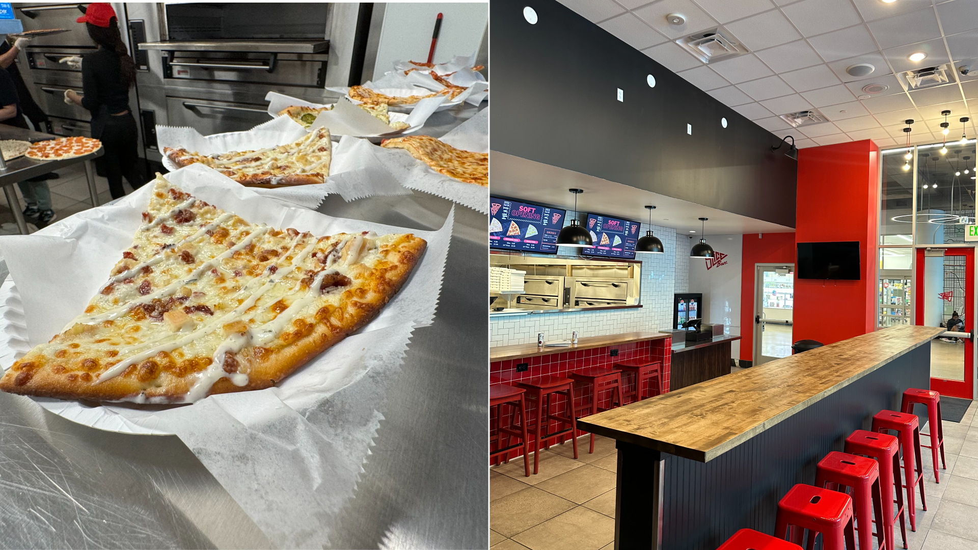 A slice of pizza and a restaurant with black walls and red chairs.