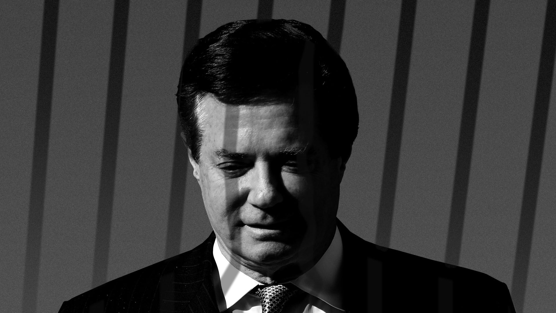 Illustration of Paul Manafort with shadows of jail bars over him