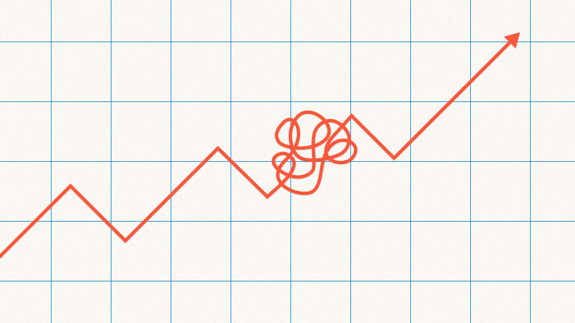 Illustration of upward trending line graph with knot in the middle