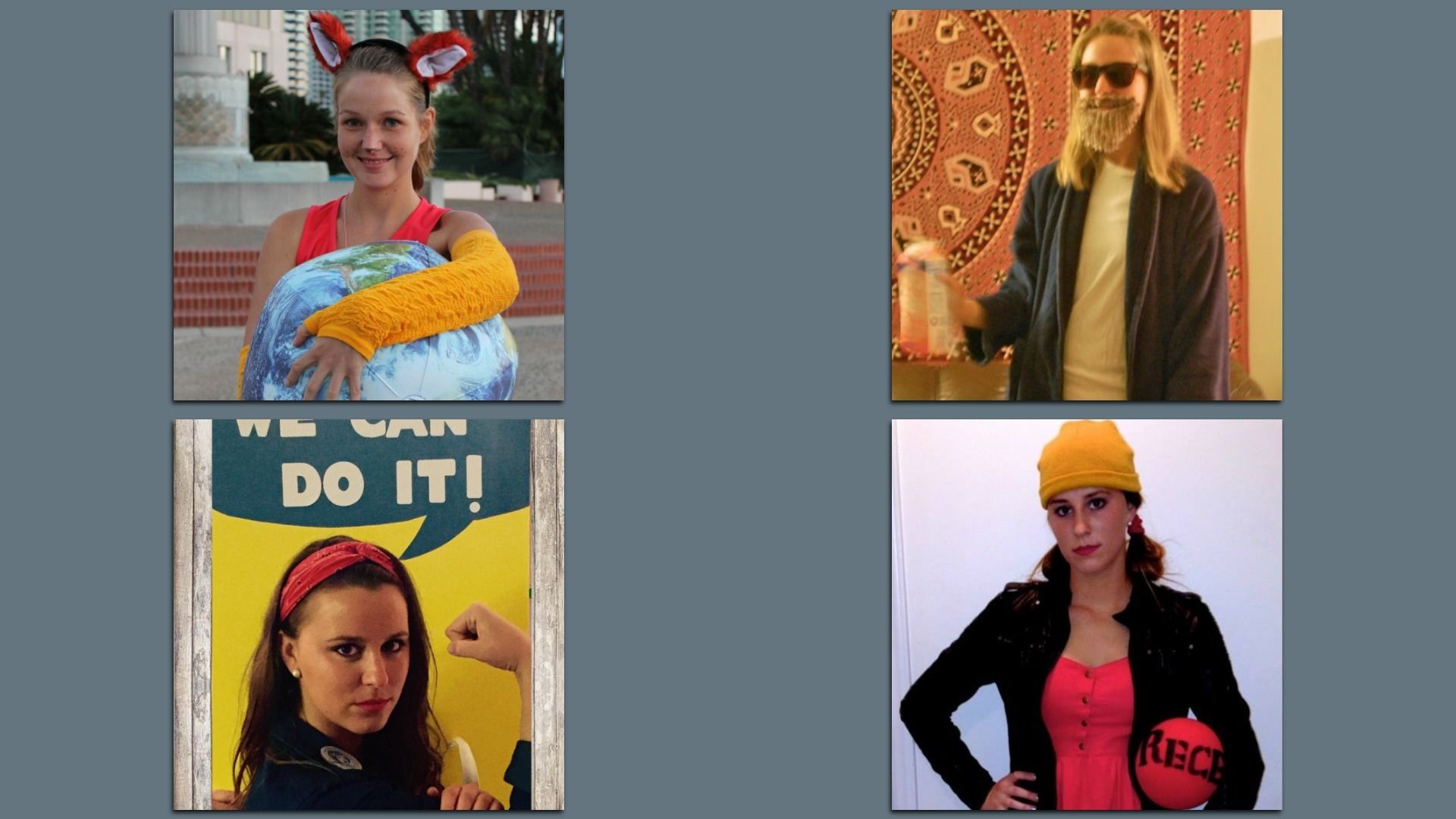 Four photos collage: woman in red and yellow with fox ears hugging globe; woman with a beard in sunglasses and a robe holding a milk carton; woman posing like Rosie the Riveter with "We Can Do It!" poster; woman in yellow hat and red dress holding red ball that says "Recess".