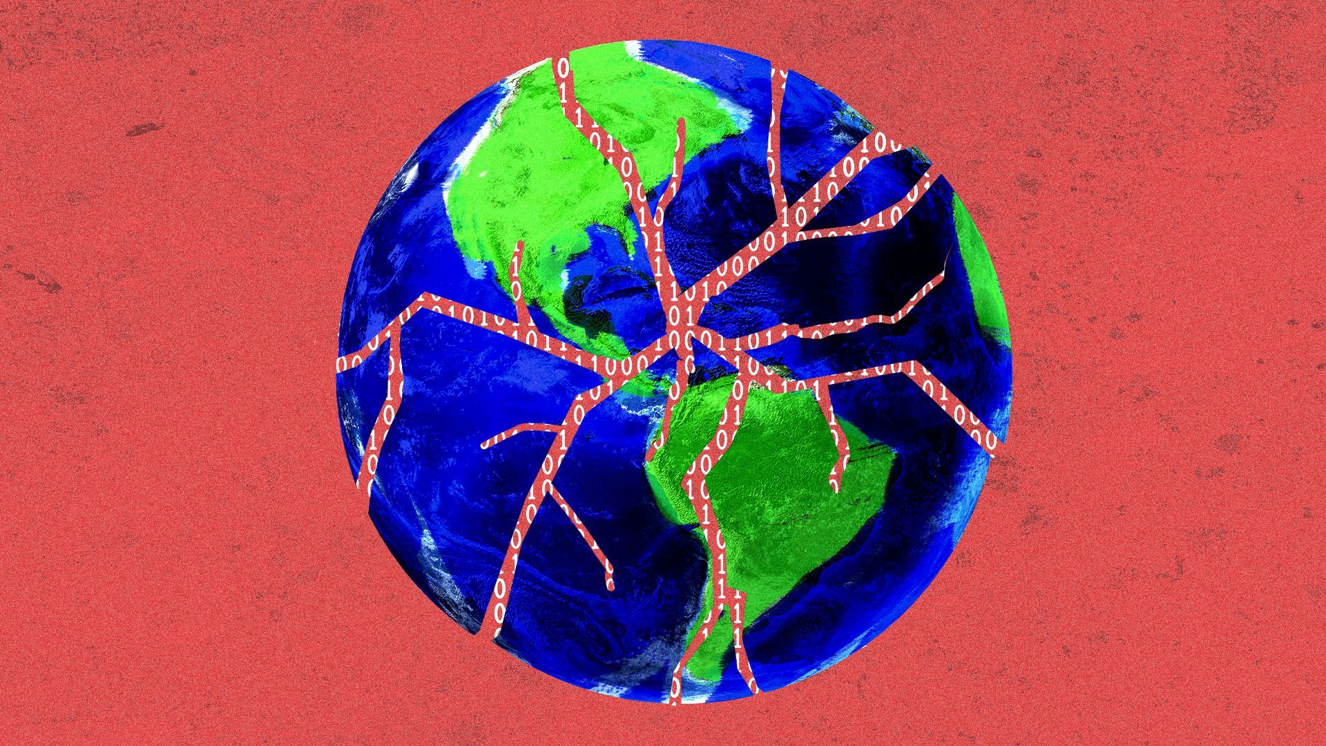 Illustration of the earth cracking with binary code seeping through.