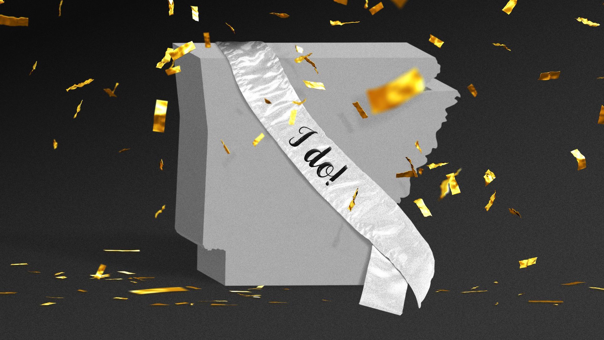 Illustration of the outline of the state of Arkansas wearing a sash that says "I do!" with confetti falling around it.