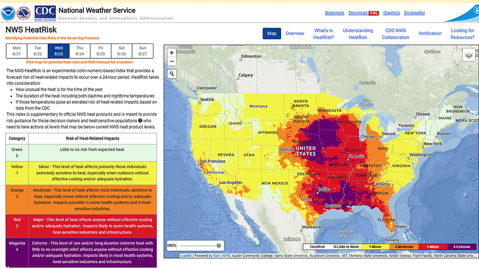 Map and scale showing a new HeatRisk mapping tool from the National Weather Service.